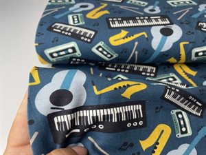 Bomuldsjersey - seje musik instrumenter på jeansblå bund